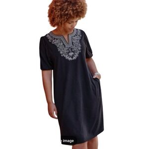 J. Jill Embroidered Split Neck Puff Sleeve Pocket Dress Black Tall ST 270333